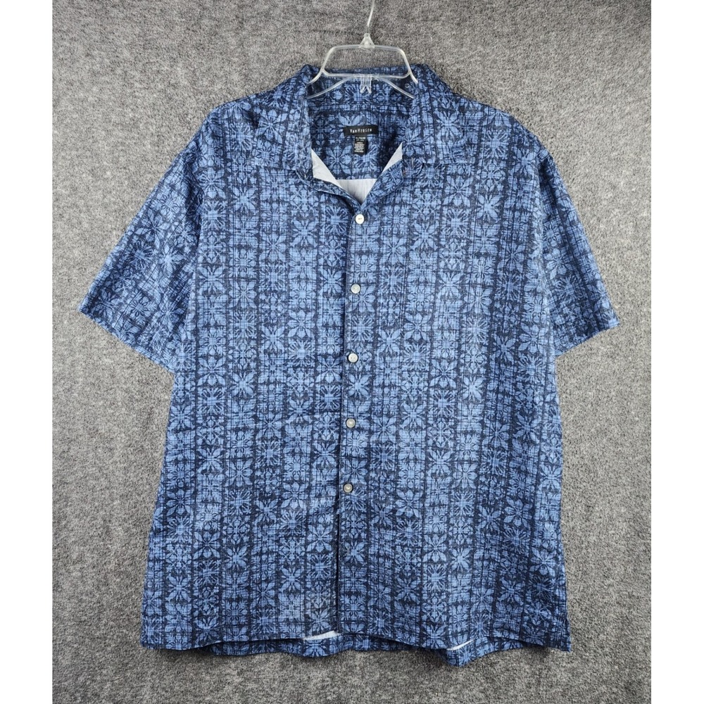 Van Heusen Shirt Mens XL Blue Geometric Short Sleeve Button Down EUC
